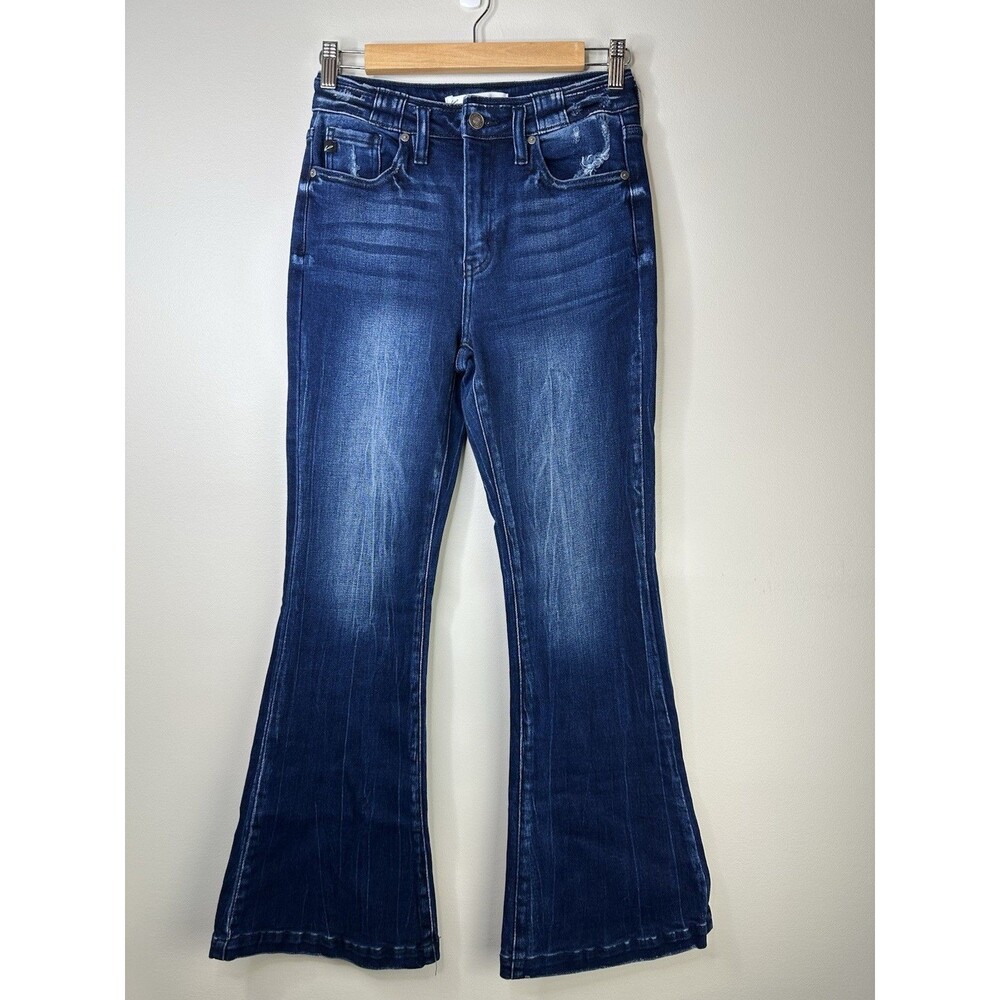 KanCan Jeans Women's Size 26 High Rise Flare Dark Blue Distressed Western Retro